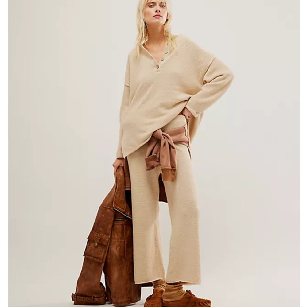 Free People Hailee Set Tan Cream Waffle Knit Oversized Loungewear Size M